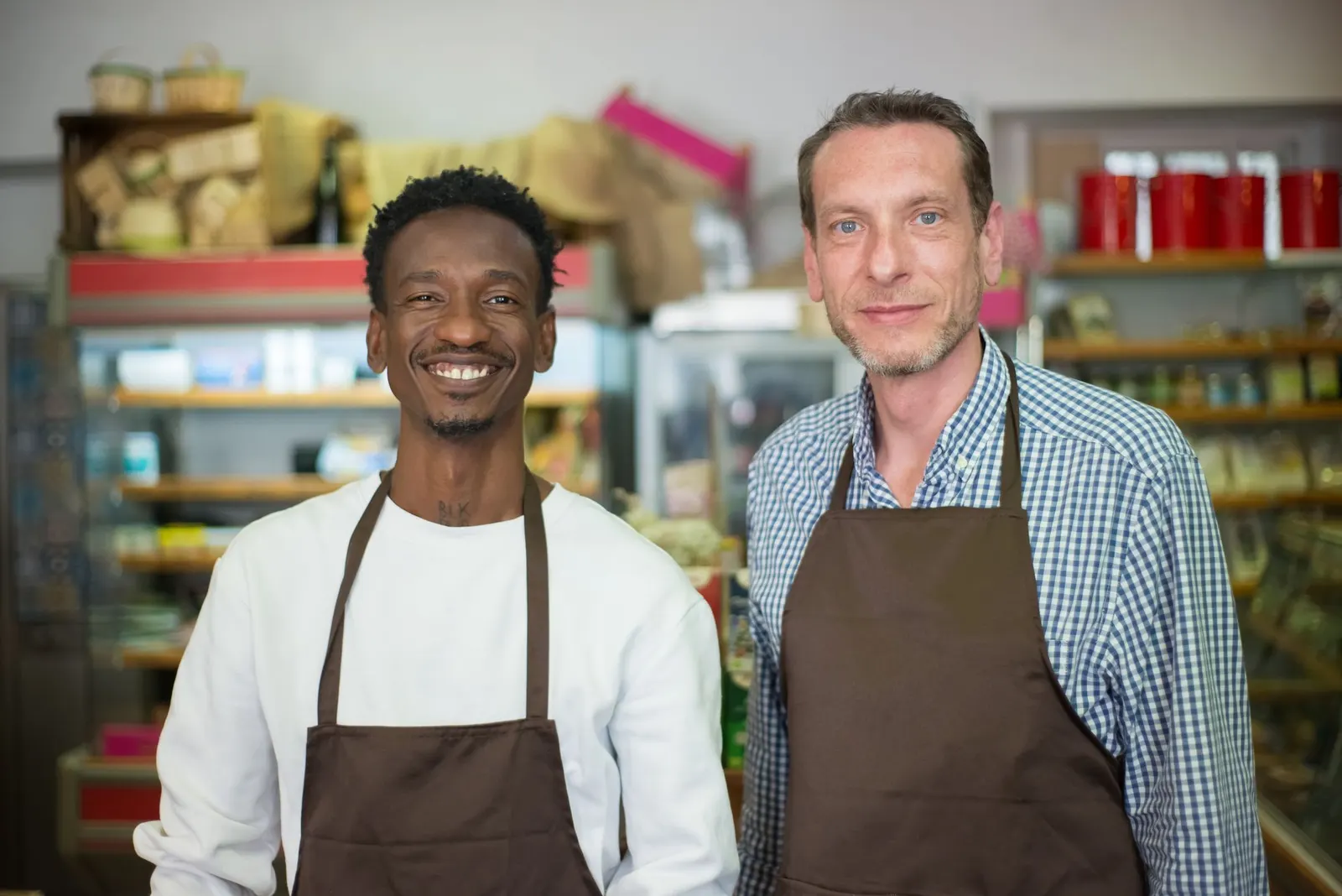 Dos tenderos con delantal sonriendo en el interior de una tienda de alimentación